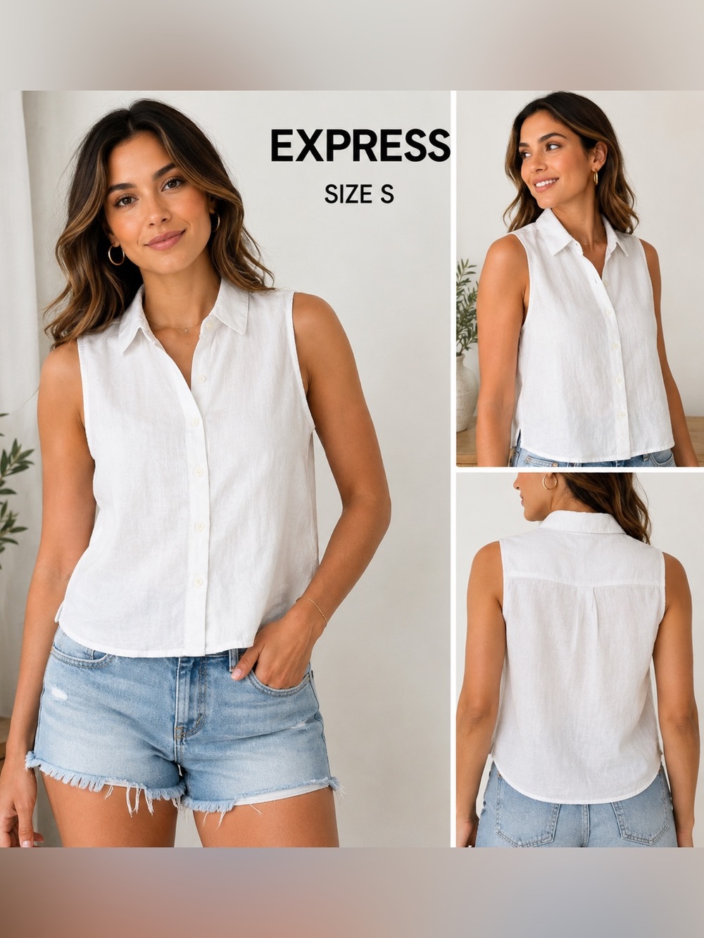Express White Linen Blend Sleeveless Button Front Top Size S casual minimalist
